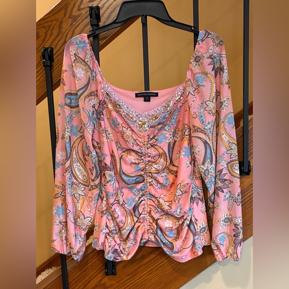 Boston Proper Top Paisley Mesh Embellished Ruched Puff Sleeve Pink-peach SZ. Sm